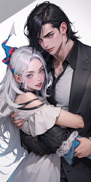 handsome man, dressed as a clown, black hair, pointed teeth, carrying a woman with long white hair, silver eyes, on his shoulders