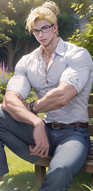 young man, hair up, very light and dull yellow hair, wears glasses, light blue eyes, handsome, abs, white shirt, relaxed look, relaxed expression, big muscles, in a garden, sitting under a tree, man of incredible beauty, extremely handsome, very beautiful