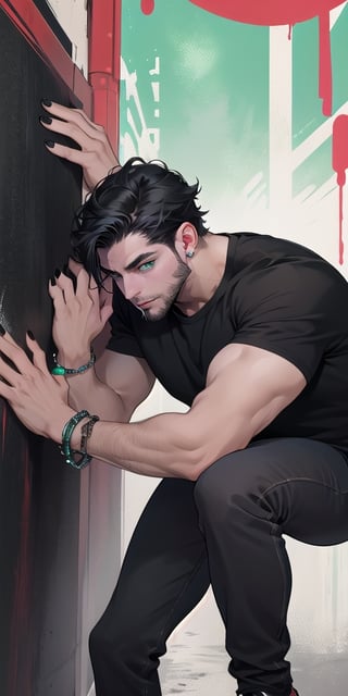 a handsome man with short hair, black hair, emerald green eyes, short beard, long black shirt, black pants, with a scar over his left eye, with bracelets on his arms, with a piercing in his lip, black painted nails