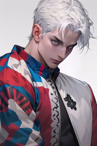 man of incredible beauty, short hair, white hair, silver eyes, dressed as a jester, kind look