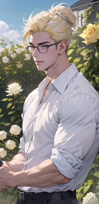 young man, hair up, very light and dull yellow hair, wearing glasses, blind, light blue eye, handsome, abs, white shirt, relaxed look, relaxed expression, big muscles, in a garden watering white roses