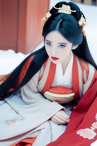 1girl, Daxiushan, Daxiushan style, black hair, hanfu, lying, on side, red lips, snow, solo