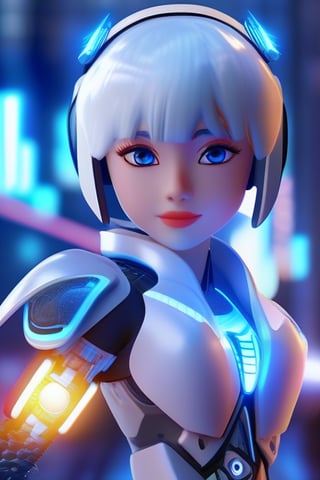 (best quality, masterpiece:1.6), 3d cartoon, cute cartoon,disney cartoon,(masterpiece, best quality),cyborg girl, white hair, long hair, bangs, headwear, cyber arm, neon armor, night city , beautiful eyes, blue eyes, light in eyes, cyber wings, wing, glowing
