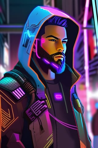 1boy, beard, cable, cyberpunk, cyberpunk style, cyborg, facial hair, hood, jacket, looking at viewer, male focus, neon lights, open clothes, science fiction, solo, upper body
