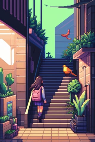 pixel art, 1girl, bird, solo, long hair, stairs, bag, plant, 
,lofi