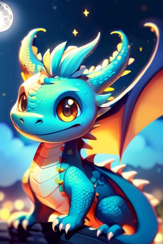 cute dragon, no humans, solo, horns, flying in the sky, night, moon, bokeh, anime, anime style
