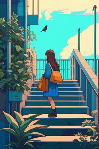 1girl, bird, solo, long hair, stairs, bag, plant, 
,lofi