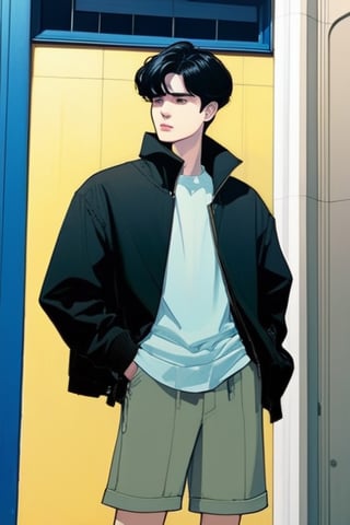 solo, 1boy, shorts, male focus, shoes, jacket, standing, short hair, shirt, building, black hair,lofi