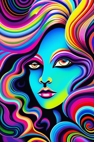 Psychedelic, psy art, colorful, long hair, 1girl, looking at viewer