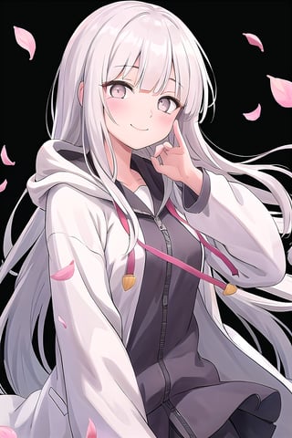 hinata, hyuuga_hinata, 1 girl, bangs, empty eyes, white hair, gray eyes, gray sleeves, covered eye, left eyepatch, headband around neck, high resolution, hime_cut, hooded cardigan, long sleeves, look at viewer , petals, smile, solo, straight hair, upper body, hooded jacket, simple background,phyami