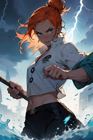 Nami from One Piece, with long Orange hair, in a fighting pose, summoning lightning with her clima baton
