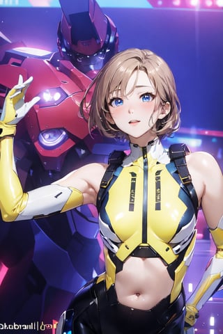 realistic, 1girl, super details, soft light, blush, makeup, light smile, glow, thighs, blue eyes, bare shoulders, collarbone, turtleneck, narrow waist, sunbeam, sunlight, small breasts, wind, (masterpiece), Korean idol, yellow plugsuit, black latex pants, futuristic clothes, concert stage, candid, ,KurashimaChiyuri,mecha