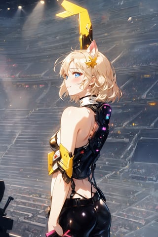 realistic, 1girl, super details, soft light, blush, blonde, makeup, light smile, glow, thighs, blue eyes, bare shoulders, collarbone, turtleneck, narrow waist, sunbeam, sunlight, small breasts, wind, (masterpiece), Korean idol, plugsuits, black latex pants, futuristic clothes, concert stage, candid, ,KurashimaChiyuri,mecha, short hair, cat hair ornament, school uniform