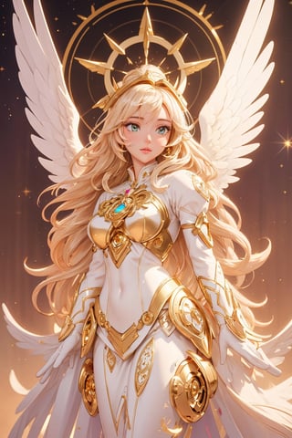 A visual stunning photography of an angel wearing gold and silver crystal armor, heaven background, glowing halo around head, golden hair, white feathered wings,| centered| key visual | intricate| highly detailed| breathtaking beauty| precise lineart| vibrant| comprehensive cinematic| Carne Griffiths| Conrad Roset, anna dittmann, dynamic pose, best quality, 8k, golden hour