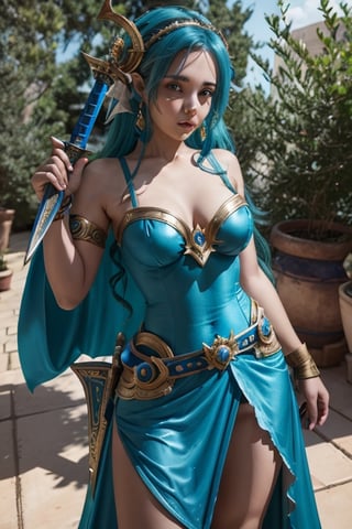 Monroe, in a blue dress holding a sword, samira from league of legends, ne zha from smite, ornate cosplay, morgana from league of legends, glamourous cosplay, senna from league of legends, from league of legends, irelia from league of legends, league of legends inspired, cosplay, professional cosplay, elegant glamourous cosplay