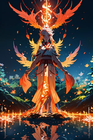 (masterpiece,best quality:1.2),Biomorphism, a Miko is standing in front of the fire Phoenix in the heaven garden, flames engulfing, ethereal lighting, super motion blur, twilight golden hour, golden fireflies, split toning