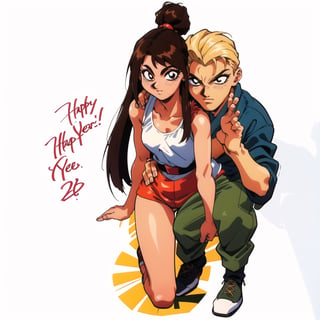 same picture retro artstyle, a couple, on happynew year, the blond man, japanese girl medium brown hair, ((perfect_pose)), ((full body)), perfect_fingers, perfect_legs, perfect_hands, More Detail,oobari,retro artstyle