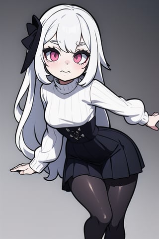 very long beautiful white hair grunge sad goth girl wearing a large full length white sweater and a pleated skirt with dark goth makeup with wide hips and a small waist and black tights on and a cute sexy face,3DMM,genshin chibi emote