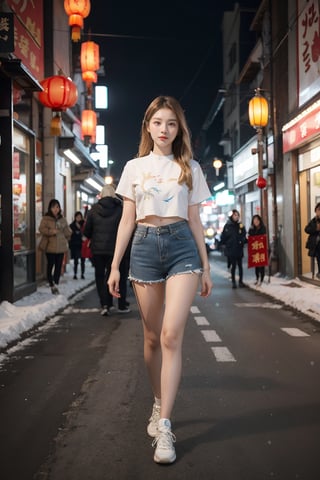 18-year-old girl,Chinese New Year style top,  hot pants, casual pose, real, wearing sneakers, high quality, wavy blond hair, realistic eyes, background scene walking on a commercial street celebrating new year chinese calender, there is dragon lampion on street and store, Korean style,snow_scene_background,Young beauty spirit ,more detail 