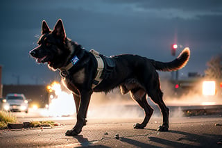 full-body_portrait of police dog wearing bomb belt, amber_eyes, black hair, war zone background, detailed face, detailed background, 8k, realistic, high_resolution, photorealistic   