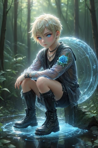 ((masterpiece, best quality)),(complex light),trending,absurdres, Cool A handsome boy who combines Gothic style with pastel punk fashion, he wears dark and edgy clothes with Gothic elements such as lace, Aurora crystal chains, but in pastel colors such as blonde, green, and lavender. His hair is a vibrant mix of pastel colors, styled with asymmetrical bangs, and decorated with magic circle. His accessories include Aurora crystal bracelets, military boots,He has short blonde hair, blue eyes, smirk,hologram,reflection,forest,fantasy,glitter,blue rose,garden,electronic,water splash,HYPER REAL,glass shiny style,noc-wfhlgr