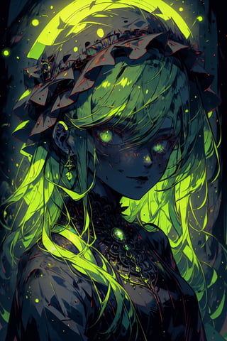 (masterpiece, best quality, highres:1.3), ultra resolution image, (1girl), female, (solo), green hair, eyes glinting, eerie charm, gothic, (spectral chic:1.4), cryptic, labyrinthine cemetery, gothic arches, elegance, (necropolis:1.5),glitter, ohterworldly energy, green wisps, undead maiden, moonlit paradise,  (mystic tranquility:1.3), realm of the decease, chaosmix