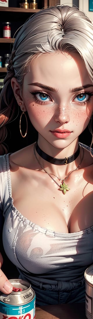 Create a scintillating and ethereal vision: In an 8k, hyperrealistic masterpiece, portray a captivatingly alluring goddess-like woman. With a picture-perfect face adorned with freckles and a blush, she exudes an enchanting charm. Her multicolored hair, braided and flowing, adds an unreal and seductive touch. As a silver leaf necklace adorns her neck and leaf earrings dangle, she entices as a seductive medicinal cannabis store clerk, offering a can of buds, seeking to captivate and seduce her customer with her otherworldly allure. (310 characters)