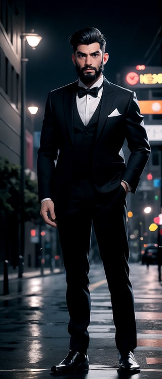 masterpiece, full body portrait, standing, (looking at viewer:1.2), man, beard, medium hairstyle, masculine, black tuxedo suit, | outdoors, city, (night time), night, (raining), cinematic, | depth of field, bokeh, ,3DMM,High detailed,fully_clothed. 