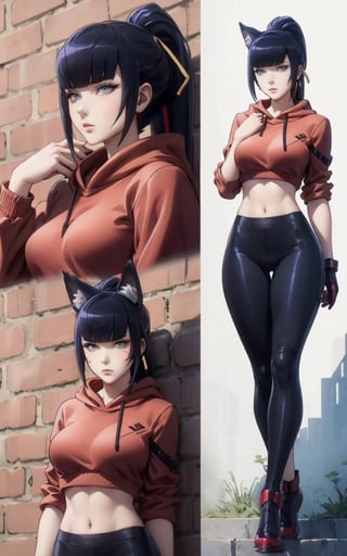 1girl, narberal gamma, foxgirl, fox ears, fox tail, grey eyes, neutral_expression, black hair, ponytail, pink cropped hoodie underboob cut, blue leggings, skinny waist:1.3, huge breasts, huge hip, navel, underboob cut hoodie(detailed face:1.2), (detailed eyes:1.2), ,(detailed background), brick wall,realhands,more detail ,yaohu