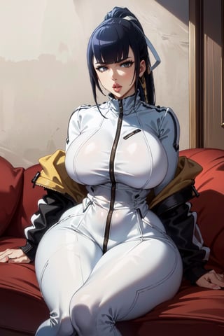 beautiful 1women,wearing a white leopard suit and a jacket on top,sexy,seducing,masterpiece, best quality, narberal gamma, black hair, ponytail,b1mb0,more detail 