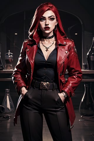 ((masterpiece)), (best quality), (best quality,4k,highres),Anime style, manga art, woman yong adult, solo, long red hair, looking at viewer, jewelry, jacket, earrings, choker, belt, pants, necklace, coat, makeup, black pants, lipstick, red jacket, hoop earrings, hands in pockets, red lips, black lips, high-waist pants,makima (chainsaw man),LINEART,Shihouin Yoruichi,(best quality, MONOCHROME, masterpiece),weapon,Science Fiction,arcane style