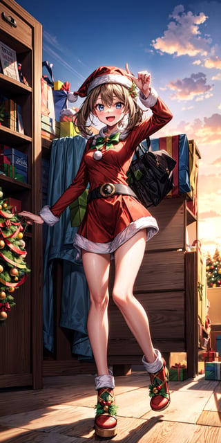 absurdres, highres, ultra detailed, (1girl:1.3),christmas, christmas tree, santa claus,overjoyed expression, ecstatic, elated, thrilled)),(smail:1.5),(Sunset),(full body),may