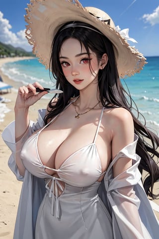 (masterpiece:1.2, best quality), (1lady, solo, upper body:1.2), Clothing: white flowy maxi dress, wide-brimmed hat, strappy sandals, Accessories: shell necklace, Hair: loose beach waves, Makeup: natural, glowing skin, Behavior: relaxed, carefree, free-spirited, Location: beach, resort, outdoor festival, red eyes, huge tits,AI_Misaki 