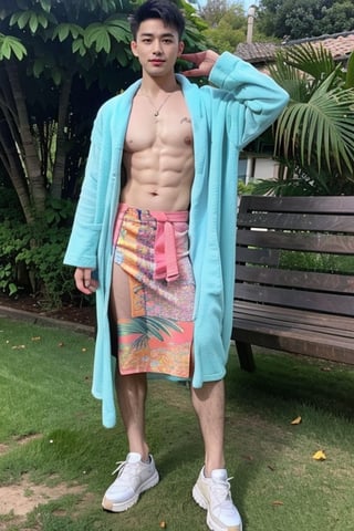 1male, handsome male,solo, , huge muscles, nude, real male genitalia, colorful tattoos, standing, full body photo, designer sneakers, sunny,medium shot, green upper,print robe,long print skirt,print shirt,男人,男士,男孩,男,男子