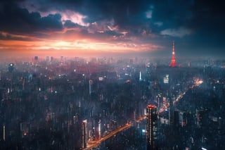 tokyo, highres, bird view ,ultra wide shot,((a man standing top of building:1.3)) high rise building, gothic style,urban style, designed by Blade Runner and Akira, high technology,neon lights, super nova, stars, beautiful, architectural rendering, sunset, epic clouds ,((8k, RAW photo, best quality, ultra high res, analog style, photo-realistic, masterpiece)),Movie Still,steampunk style