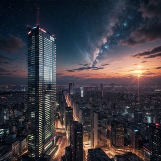 wide shot,curved high-rise building in tokyo city, gothic style,urban style, designed by Blade Runner and Akira, high technology,neon lights, super nova, stars, beautiful, architectural rendering, sunset, epic clouds ,a woman overlooking on a starry night and reaching for the star,(full body shot),((8k, RAW photo, best quality, ultra high res, analog style, photo-realistic, masterpiece))