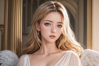 realistic:1, best quality:1, 1girl, beautiful, looking at viewer, film grain, finely detailed beautiful eyes:1.2, angel, gothic castle, blonde, greek clothes, peplos,