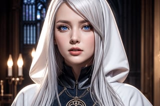 realistic:1.8, masterpiece:1.8, highres:1.8, 1 girl, solo, looking at viewer, portrait, renaissance dress, medieval armor, hood, gothic cathedral ,yorha type a no. 2, mole under mouth, blue eyes, very long hair, white hair, robot joints