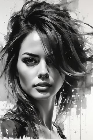 a drawing of a woman with her hair in the air it is black and white, in the style of mark lague, hyper-realistic portraits, sam spratt, brent heighton, captivating gaze, cyclorama, crisp and clean ,dripping paint