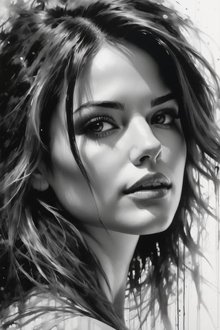 a drawing of a woman with her hair in the air it is black and white, in the style of mark lague, hyper-realistic portraits, sam spratt, brent heighton, captivating gaze, cyclorama, crisp and clean ,dripping paint