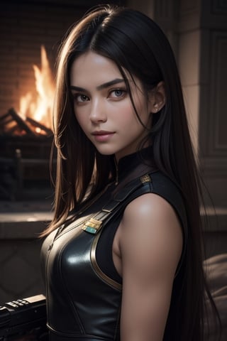 Warrior,Girl brunette Hair,Woman nice face,beautiful face,body beautiful,Beautiful Face,Girl, realistic, human, smile,8k, Expect Raw, A beautiful woman, with long black and shiny hair, Cleopatra style, with brown eyes and enveloping,serious look, soldiers, bulletproof vest, (soldier uniform), blue, weapon, gatling gun, rank on the side of clothing, horizon, full fire, in the style of illusory wallpaper portraits, colorful realism, modular, intense close-ups, uhd image, mosaic-inspired realism, ultra high detail, ultra-high resolution , sharp detail, hyper realistic,sharp focus, perfect detail anatomy, perfect detail face , perfect detail , eyes , octane rendering , 8k , masterpiece , best quality,serious look