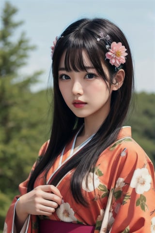 1girl, solo, outdoor, cute japanese model girl, kimono, hair ornament, looking at viewer, hair flower, brown eyes, bangs, masterpiece, best quality, realistic