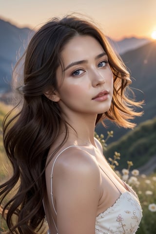 
A photo portrait of a girl, (masterpiece, 8k, photorealistic, RAW photo, best quality, sharp: 1),highly detailed face, beautiful face, (realistic face), beautiful hairstyle, realistic eyes, beautiful detailed eyes, (realistic skin), beautiful skin, ultra high res, ultra realistic, highly detailed, (pureerosface_v1:0.2), 

A beautiful woman stood atop a rocky outcropping,  Her hair was swept up in loose curls that tumbled down her back, a subtle hint of makeup accentuated her high cheekbones, full lips, and flawless complexion. As she turned to face the camera, a soft smile played at the corners of her mouth, framing her delicate features and piercing blue eyes overlooking a breathtaking valley below. She wore a flowing wedding dress that billowed gently in the breeze ,the lace was delicately embroidered with tiny flowers and vines, while the hem was adorned with sparkling crystals that caught the light and glimmered like stars. In the foreground, a bed of wildflowers added a pop of color to the scene, with vibrant hues of pink, purple, and yellow. Bees buzzed lazily from blossom to blossom, collecting nectar in the golden light of the setting sun. The sun was setting behind the mountains, casting a warm orange glow across the vast landscape.