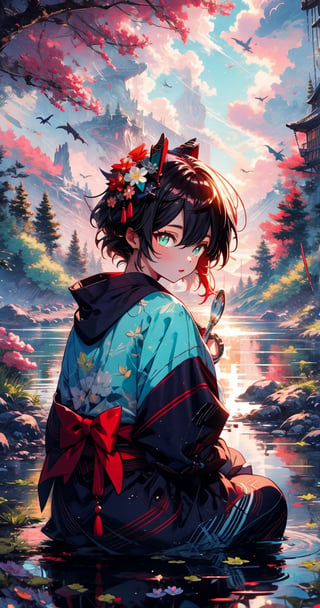 High quality, masterpiece, 1girl, shiny long red hair in a pnytail, brigth turquoise pupils, a long yukata with images of clouds and flowers, sitting under a tree and overlooking a lake,Illustration,ayaka_genshin,klee (genshin impact),wrenchmicroarch,seek,tshee00d,Futuristic room,ghostrider,dragonyear