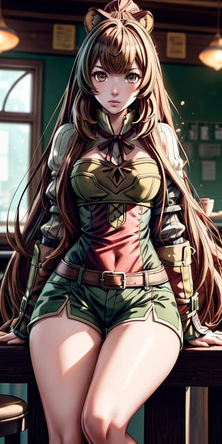 Raphtalia from The Rising of the Shield Hero, anime girl, (best quality, masterpiece, ultra quality), 20 year old, thin waist, beautiful figure, wide hips, detailed face, detailed eyes, look at camera, perfect lighting, UHD, line art, background detailed, digital art, intricate details, highly detailed, dinamic angle, (dinamic pose), dinamic light, modern street, particles, ink painting, outline, intricate line drawings, (((shorts))), long green hair, brown eyes, on a cafe chair,raphtalia