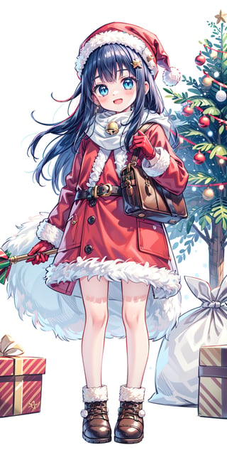 christmas, santa_hat, santa_costume, 1girl, hat, holding_sack, sack, fur-trimmed_headwear, fur_trim, solo, red_headwear, smile, christmas_ornaments, merry_christmas, bell, open_mouth, long_hair, boots, holly, christmas_tree, santa_gloves, red_coat, gloves, looking_at_viewer, blush, coat, red_gloves, box, gift, scarf, bag, red_dress, sweater, long_sleeves, hair_ornament,Cute girl,asirpa