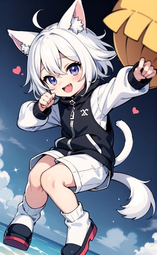 anime chibi boy, animal ears and one tail, white hair,chibi, happy
