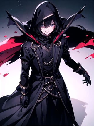 1MAN, EMINENCE_IN_SHADOW, dark,robe, blood_rails, hood, creapy_smile, black_hair, gloves