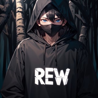 guy, man, black_hoodie, thic_fog, dark_forest, trees_behind. (short_hair1.2), black_hair,black_face_mask, (dark_photo:1.3), (logo that reads "REW":1.5) ,1guy,