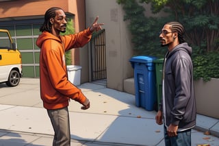 cartoon of two men standing on a sidewalk near a trash can, art gta 5 comics, gta 5 comics, snoop dogg in gta v, style of gta v artworks, gta art style, drake in gta v, gta art, gta loading screen art, gta artstyle, gta v loading screen art, style of gta v, kanye west in gta v, gta v art